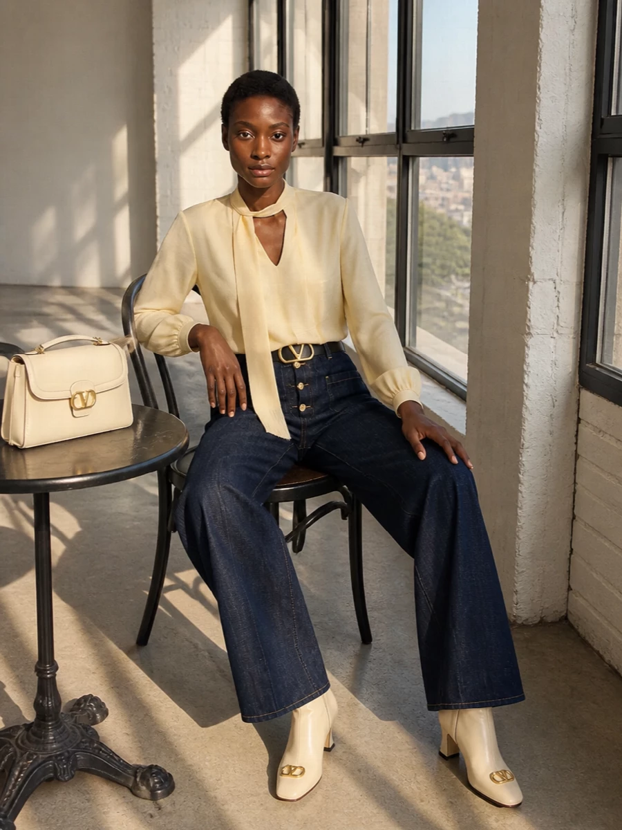 Valentino denim trousers silk blouse cream boots