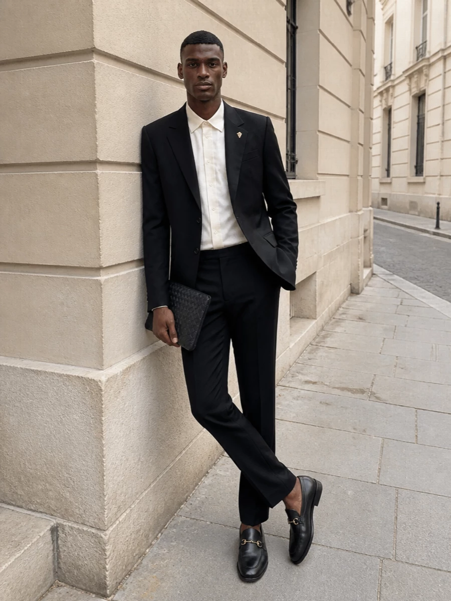 Gucci black blazer evening outfit trousers