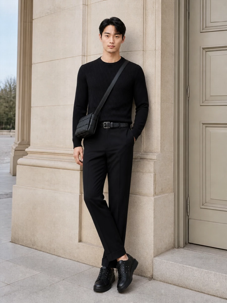 Valentino black crew neck tailored trousers outfit