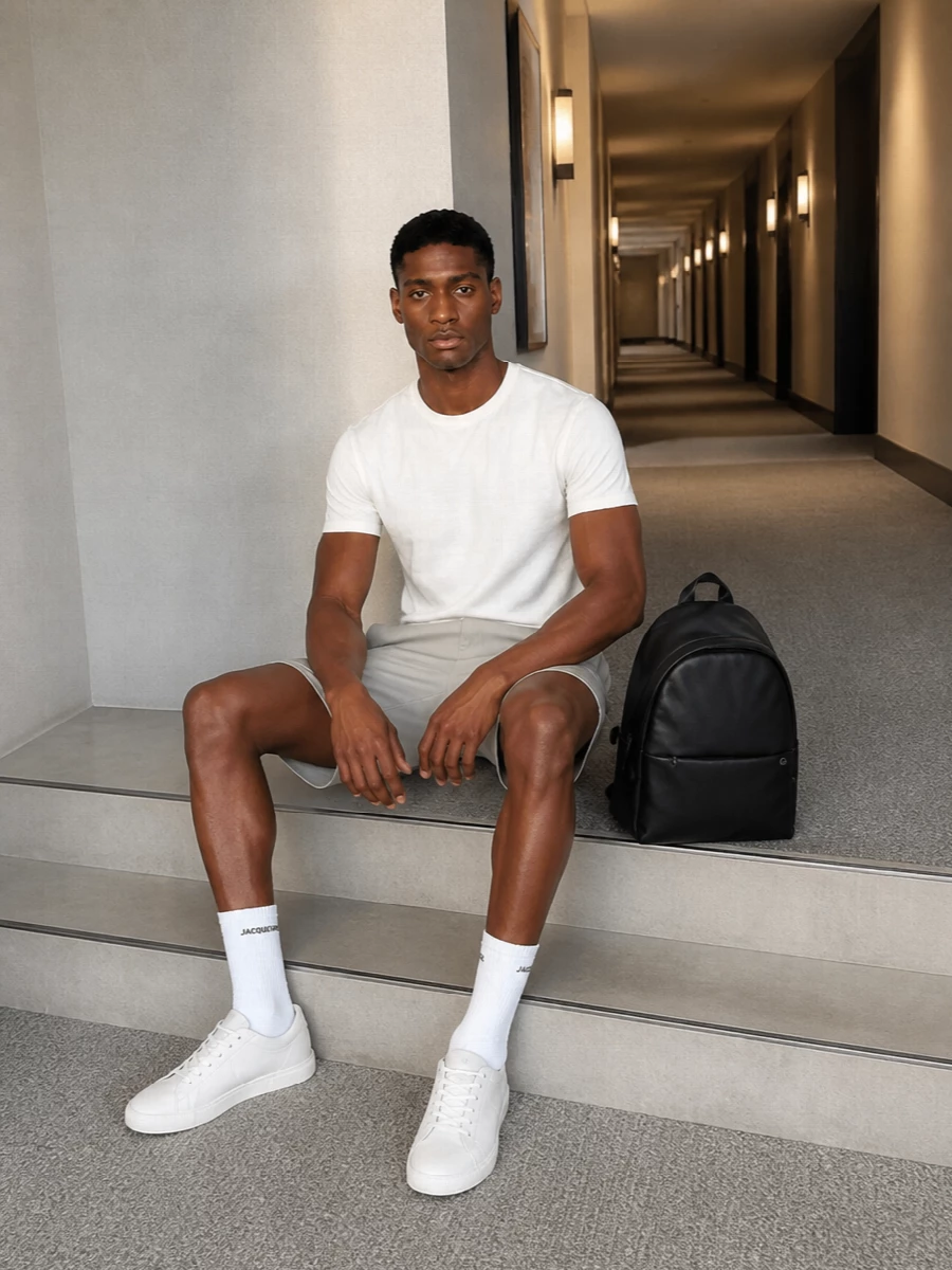 Calvin klein white tshirt stone shorts outfit