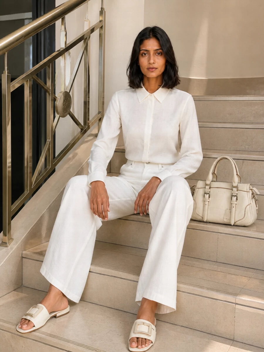 An ivory-on-cream palette keeps the focus on line and proportion, letting the wide-leg trouser and precise shirt read as one long, quiet column. The refined slides introduce a relaxed summer attitude while the structured top-handle bag adds just the right amount of definition for daytime meetings or polished city errands. It is understated, tonal dressing that feels considered without trying too hard.