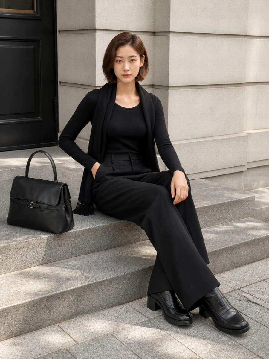 Moschino black wide leg trousers knit outfit