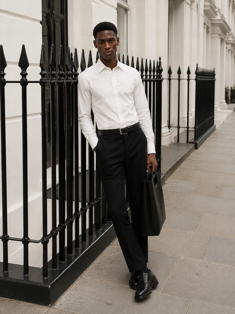Alexander mcqueen black trousers white shirt outfit