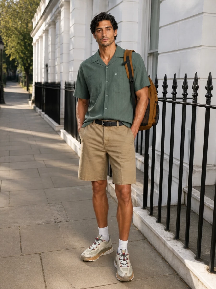Carhartt tan cargo shorts green camp shirt sneakers