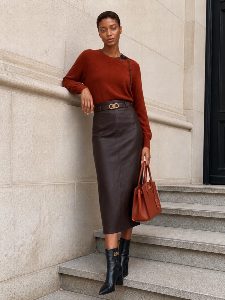 Ferragamo rust sweater brown pencil skirt outfit