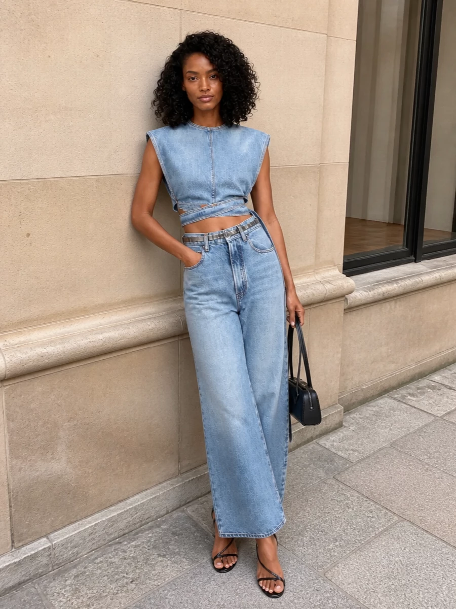 Designer double denim outfit wide leg jeans