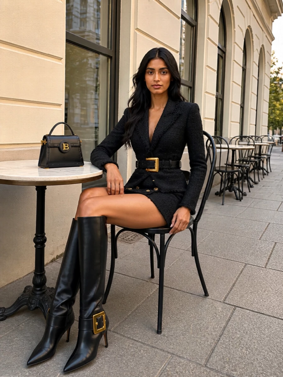 Balmain black tweed blazer mini skirt outfit