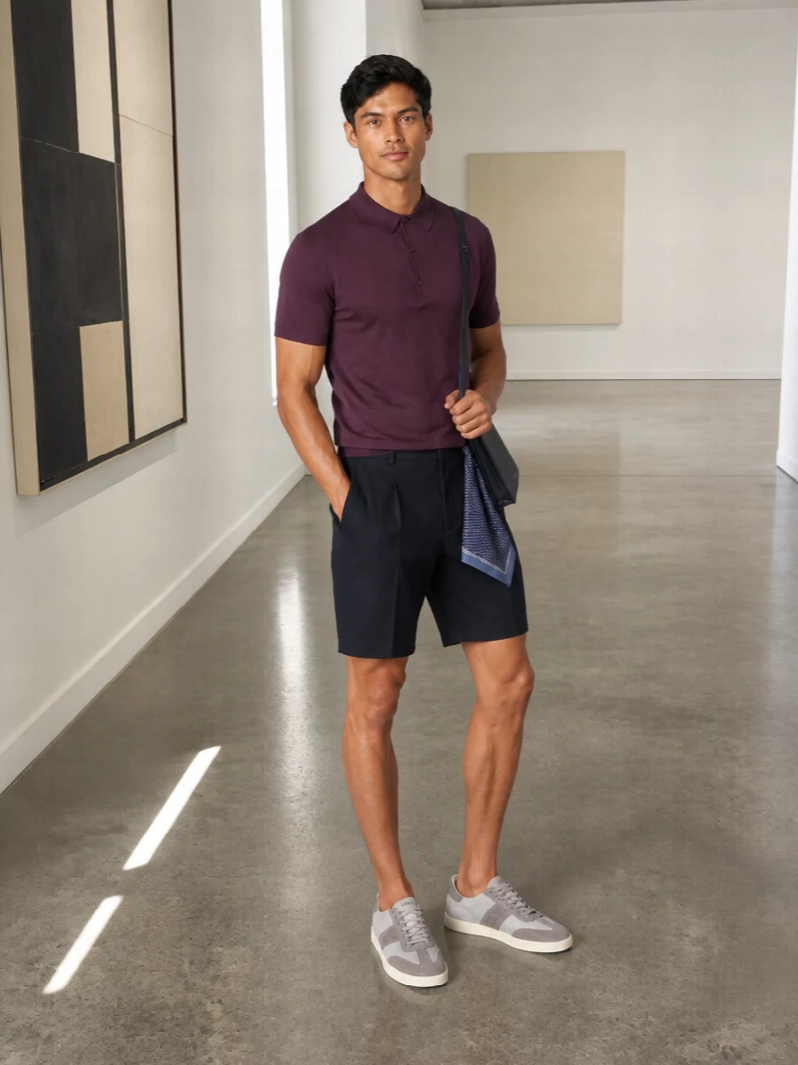 Deep plum and ink navy create a calm, graphic base, with tailored shorts keeping the mood smart while still easy for warm days. Soft grey and taupe sneakers and a slim navy crossbody sit quietly underneath, reinforcing the minimalist, polished feel. A small silk square adds just enough preppy detail without disturbing the clean lines.
