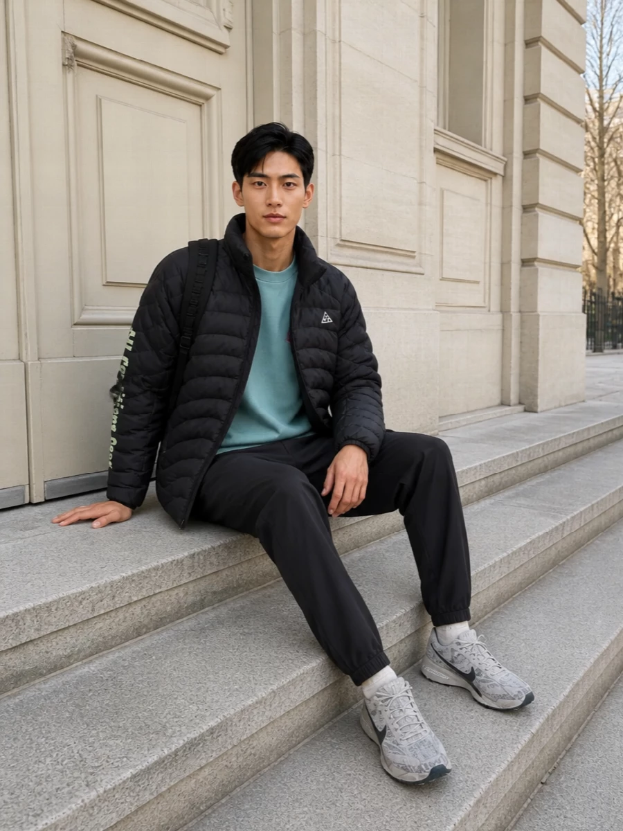 Nike ACG on top with The North Face and technical runners creates a tight, city-ready winter kit that still feels trail capable. Charcoal and black ground the washed teal hit, keeping everything muted but not flat. The proportions stay relaxed and padded up top with neat, cuffed pants below so the whole outfit reads agile and functional, not bulky.