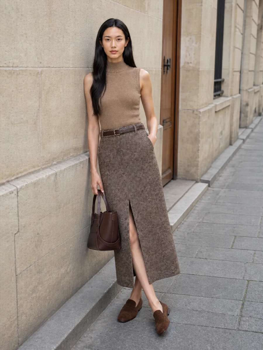 This look builds a refined FW column around the camel ribbed mock-neck, pairing it with a high-waisted herringbone midi skirt for a long, quietly confident silhouette. Chocolate suede loafers and a structured mahogany tote keep the mood urbane and effortless, while a slim textured belt adds just enough definition and interest within the same warm, neutral spectrum.