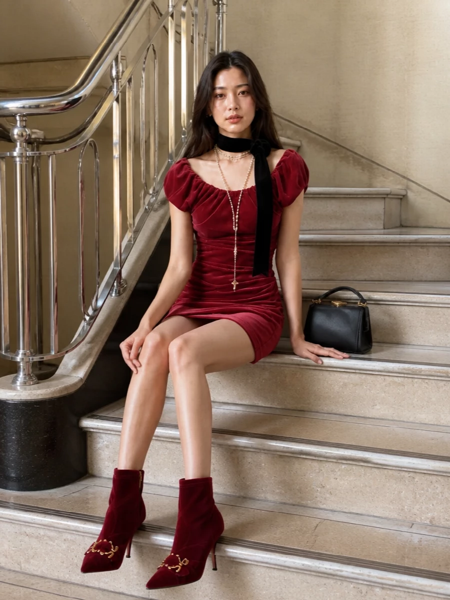 Vivienne westwood velvet mini dress wine ankle boots
