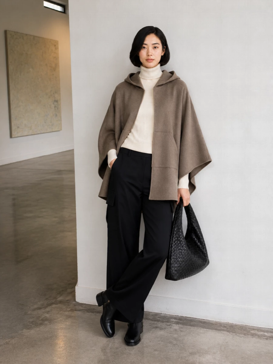 Bottega veneta cape wide leg trousers outfit