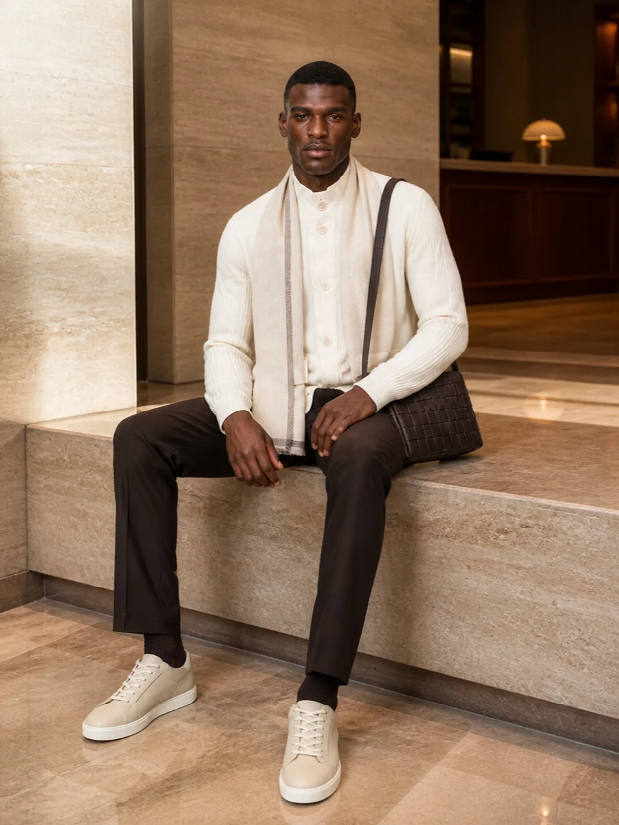 Lardini ivory cardigan brown tailored trousers