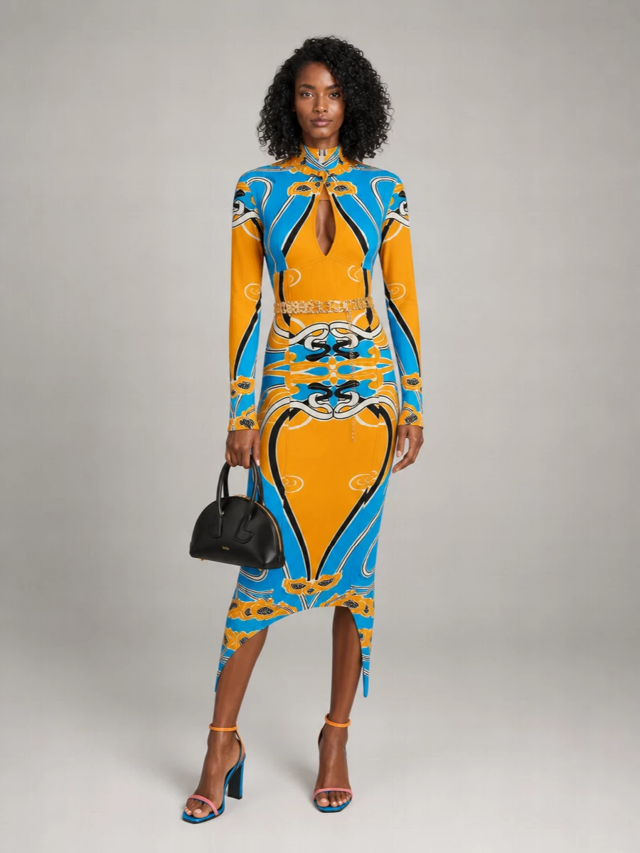 Patou Printed Stand-Collar Cutout Long-Sleeve Midi Dress