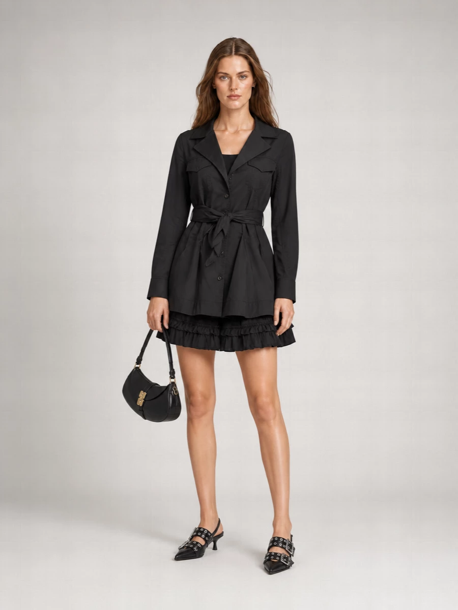Ganni V-Neck Belted Short Shirt Dress