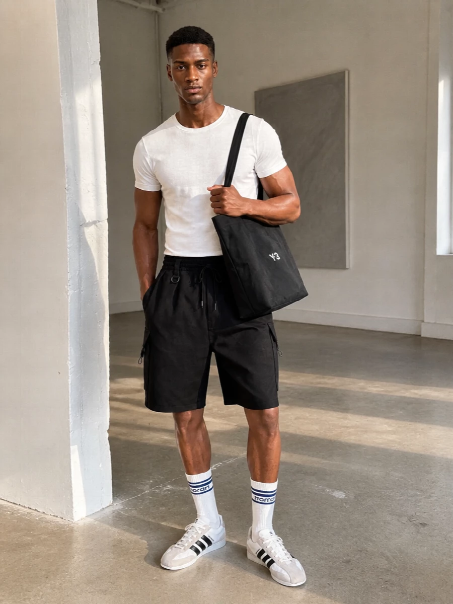 Y3 white tshirt black cargo shorts outfit