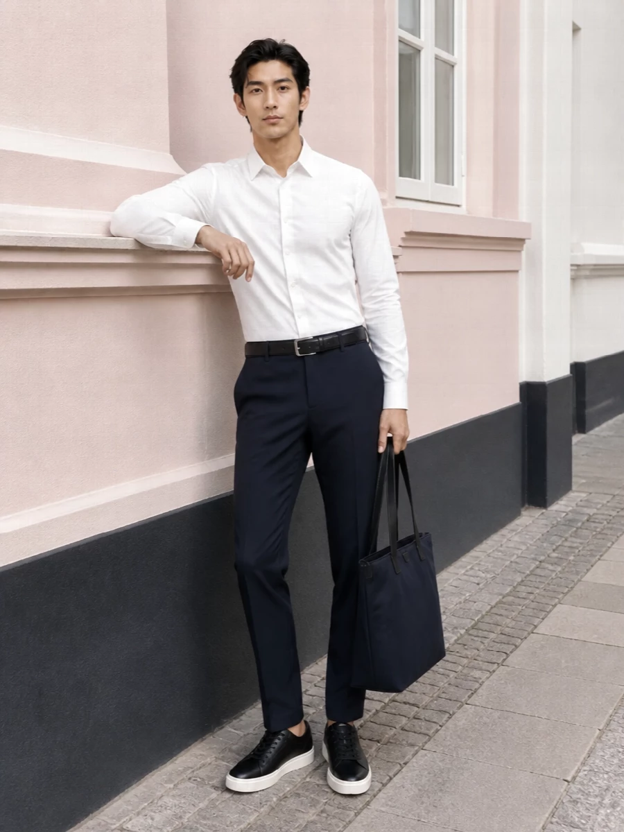 Deep navy tailoring anchored with a crisp white shirt creates a precise, low-key outfit suited to office days that drift into dinner. Black leather sneakers keep the mood modern and relaxed without compromising the clean line. A matching navy tote and discreet black belt finish everything with that quietly considered Armani discipline.