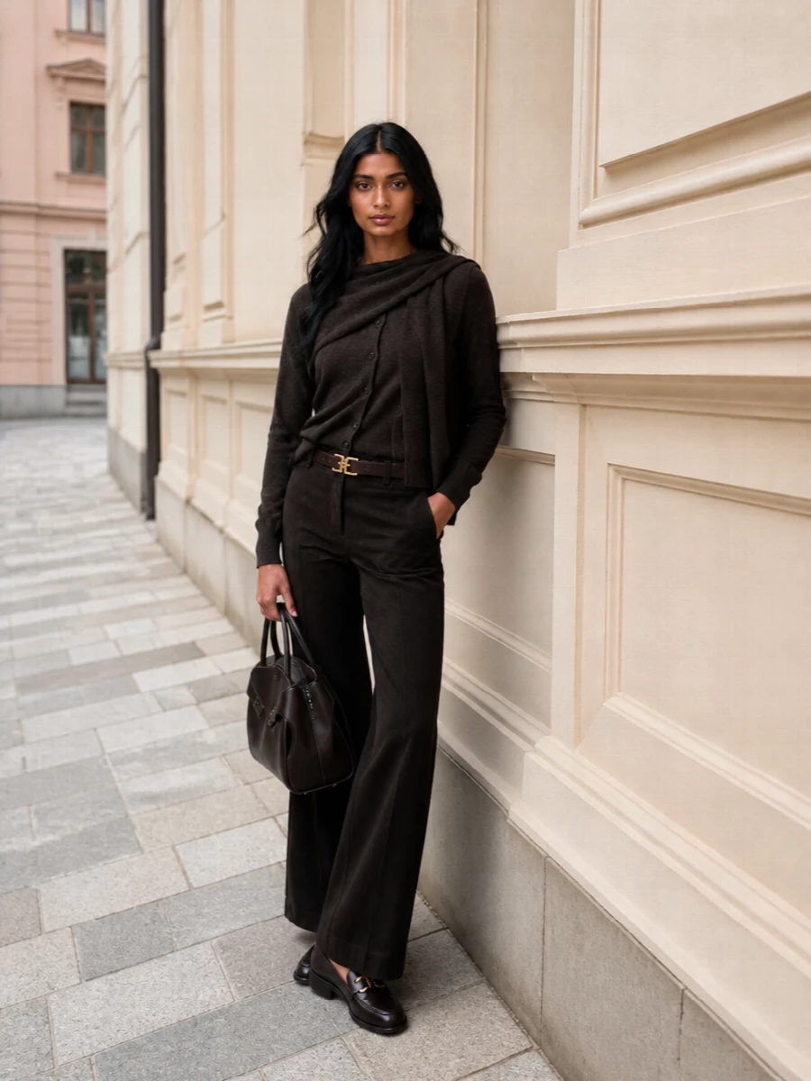 Ferragamo espresso flared trousers scarf cardigan