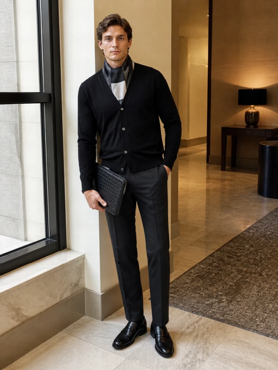Black fine-gauge knit meets charcoal tailoring for a composed, quietly sharp city uniform. Penny loafers and a slim intrecciato portfolio keep the mood precise yet unfussy, ideal for long days that end at dinner. The result is clean-lined Italian polish that reads confident without ever feeling loud.