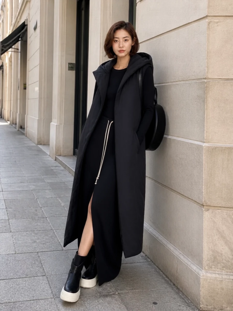 Rick owens drkshdw black hooded vest outfit