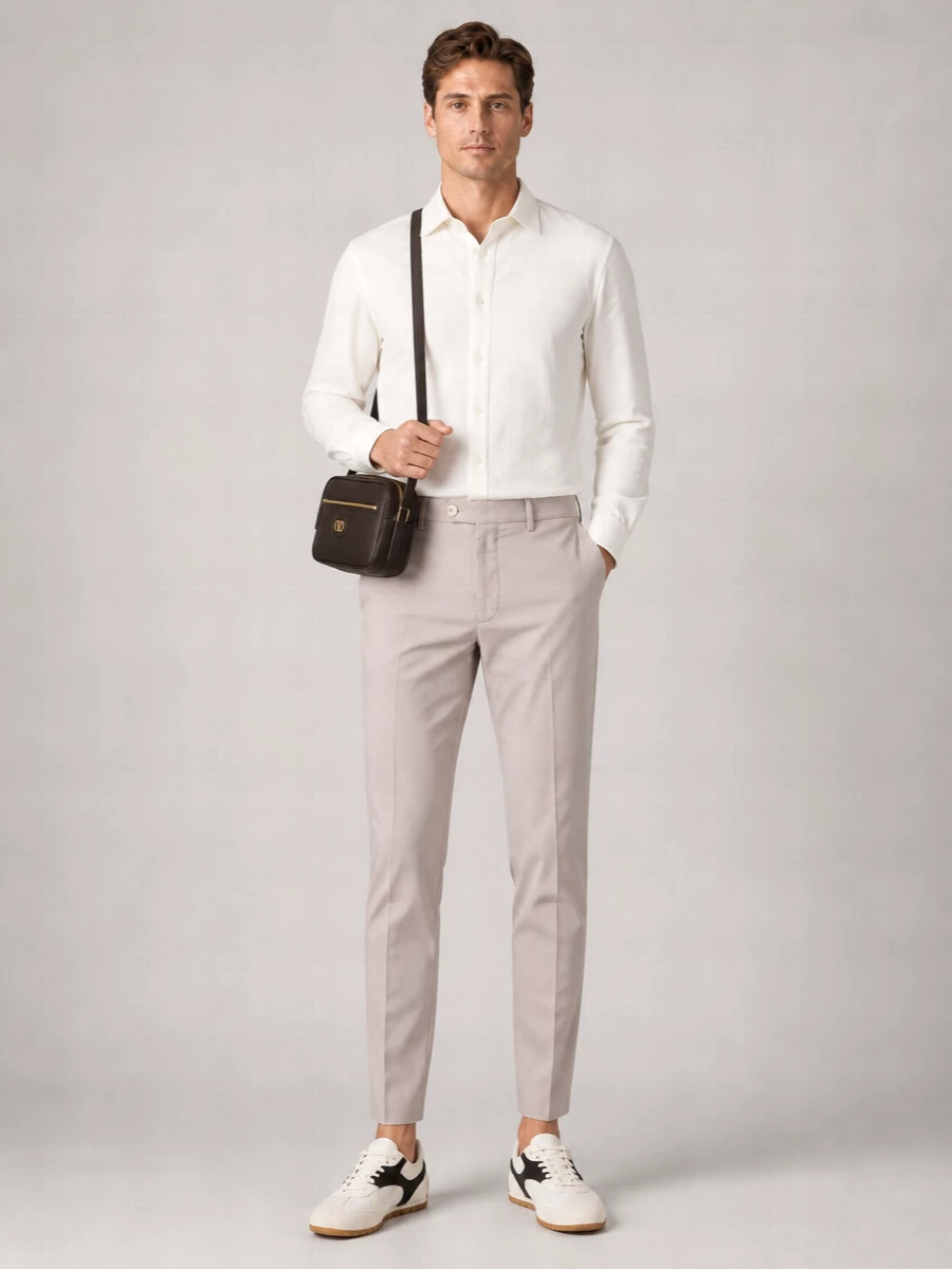 Soft neutrals and clean lines keep this combination quietly precise, with the stone trouser and off-white shirt picking up the tones in the retro runner. The slim tailoring contrasts the athletic shoe just enough to feel modern rather than sporty. A dark chocolate crossbody grounds the palette and adds a discreet, functional accent without disturbing the calm mood.