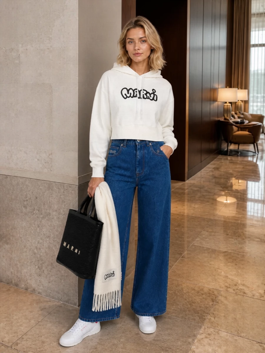 Marni cropped hoodie wide leg jeans white sneakers