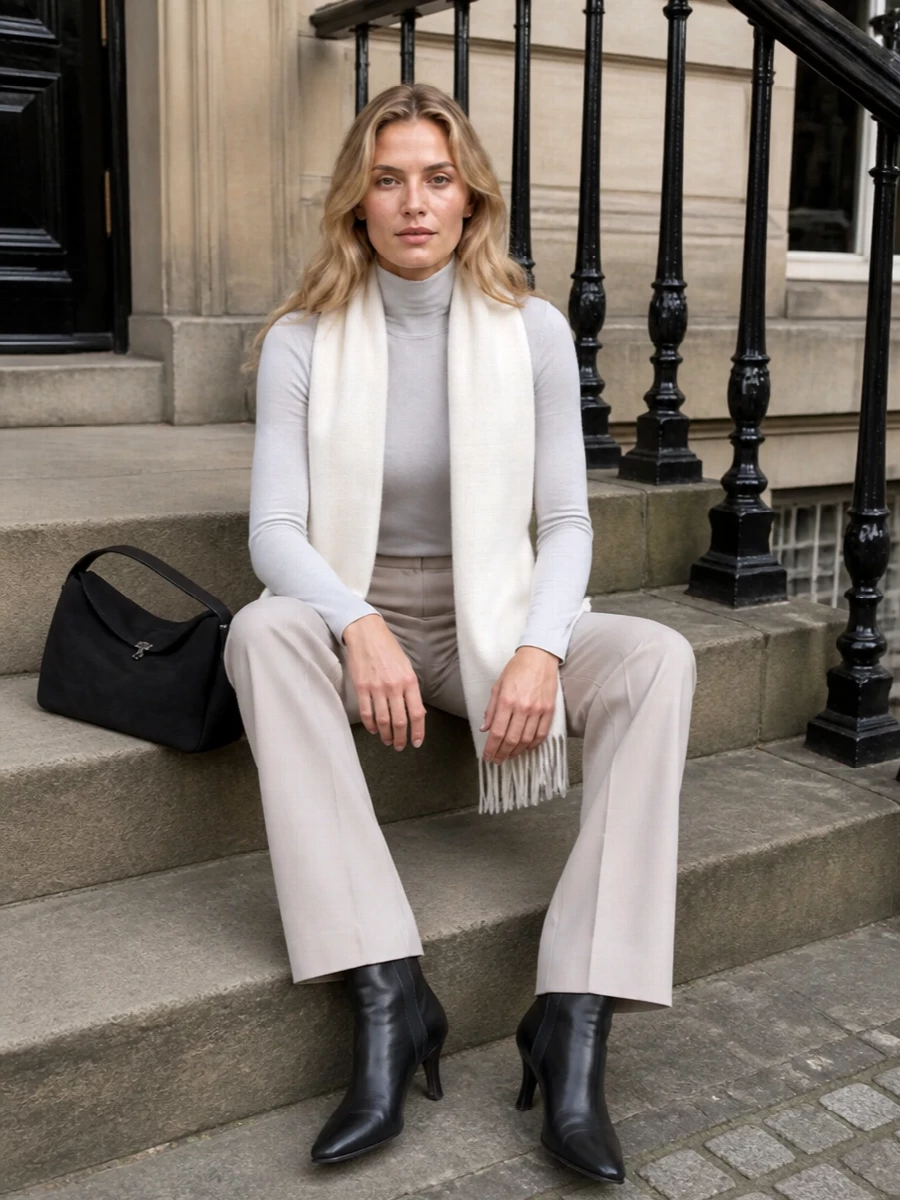 Soft grey and warm beige create a clean, columnar base that feels precise but relaxed, with the bodysuit disappearing seamlessly into tailored trousers. Black leather accessories sharpen the palette just enough, giving the outfit a quietly confident, city-ready finish. The proportions stay long and lean, so the whole composition reads calm, modern and considered for cool-season days and dinners.