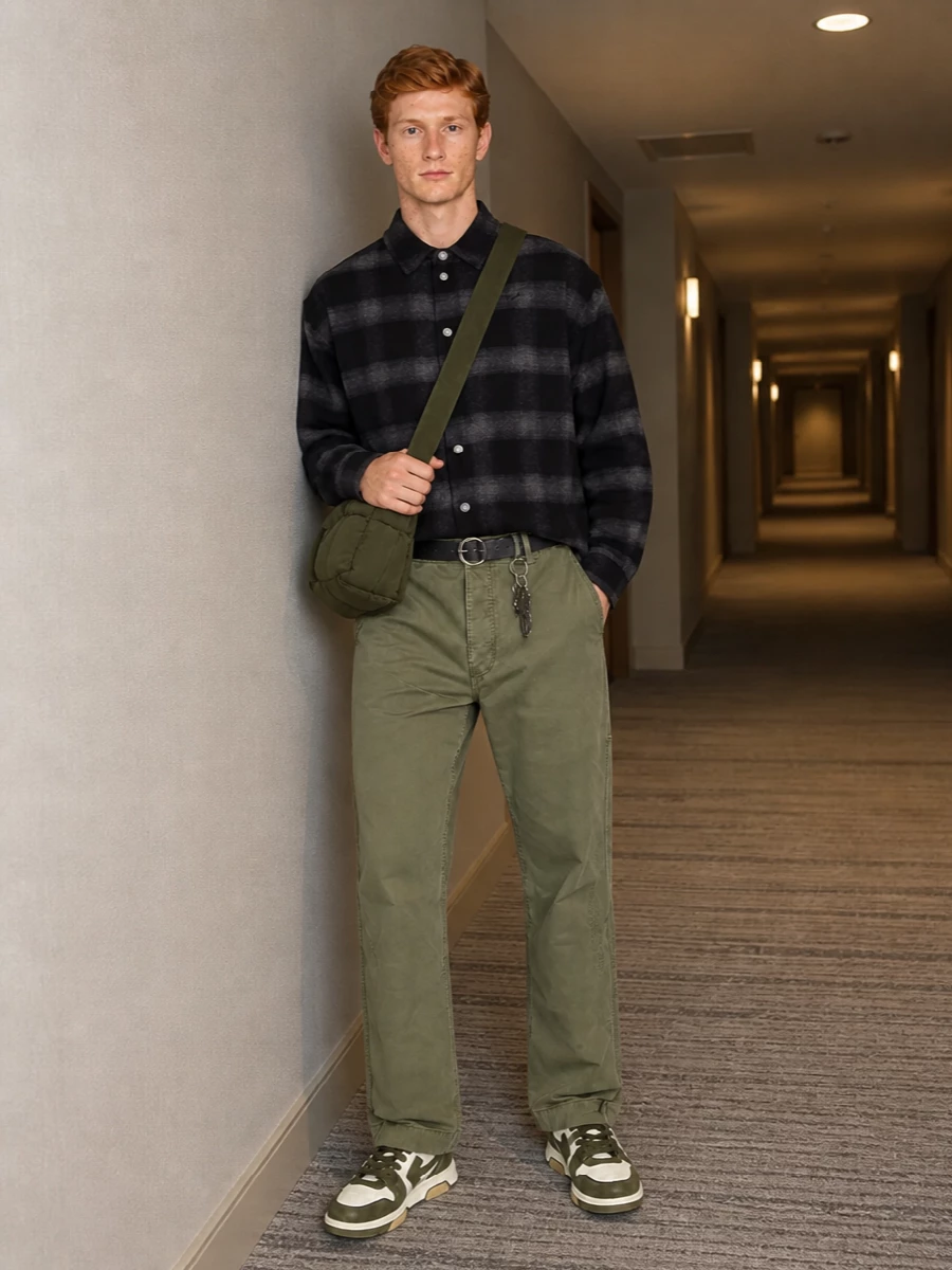 Off white olive shorts checked overshirt sneakers