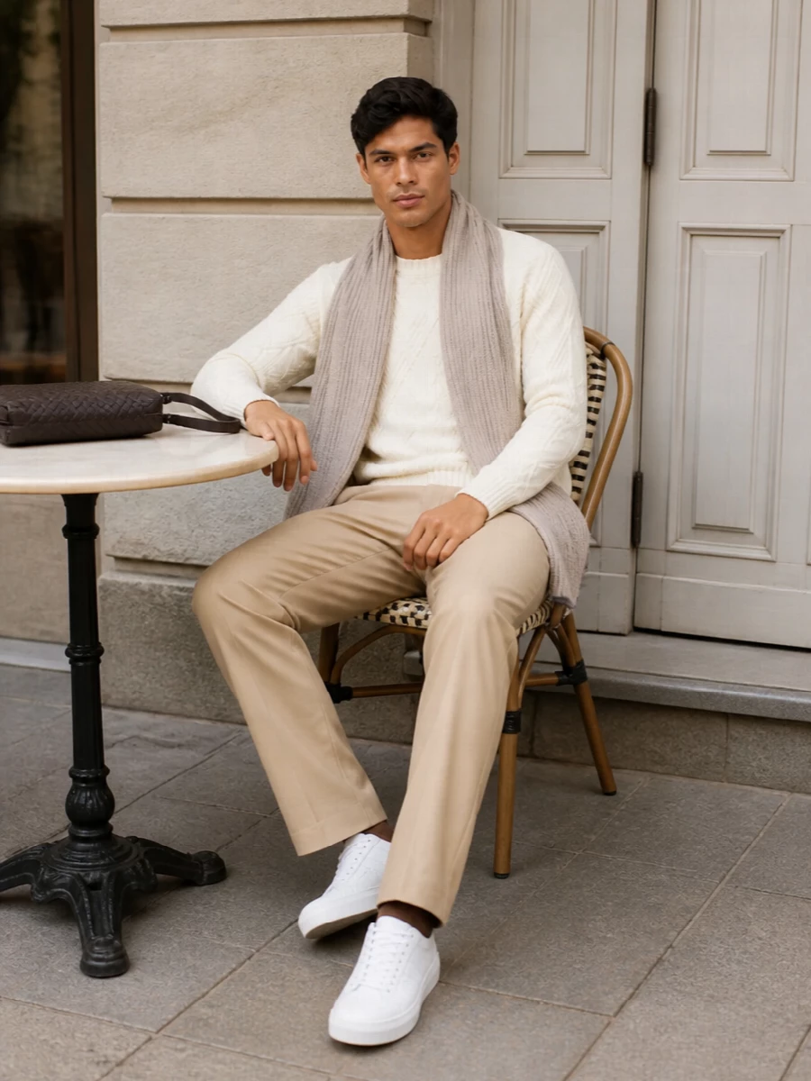 Lanvin ivory sweater camel trousers outfit