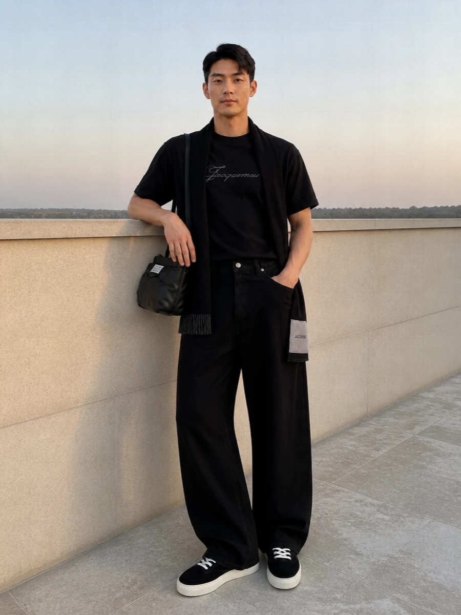 Jacquemus black jeans logo tshirt outfit