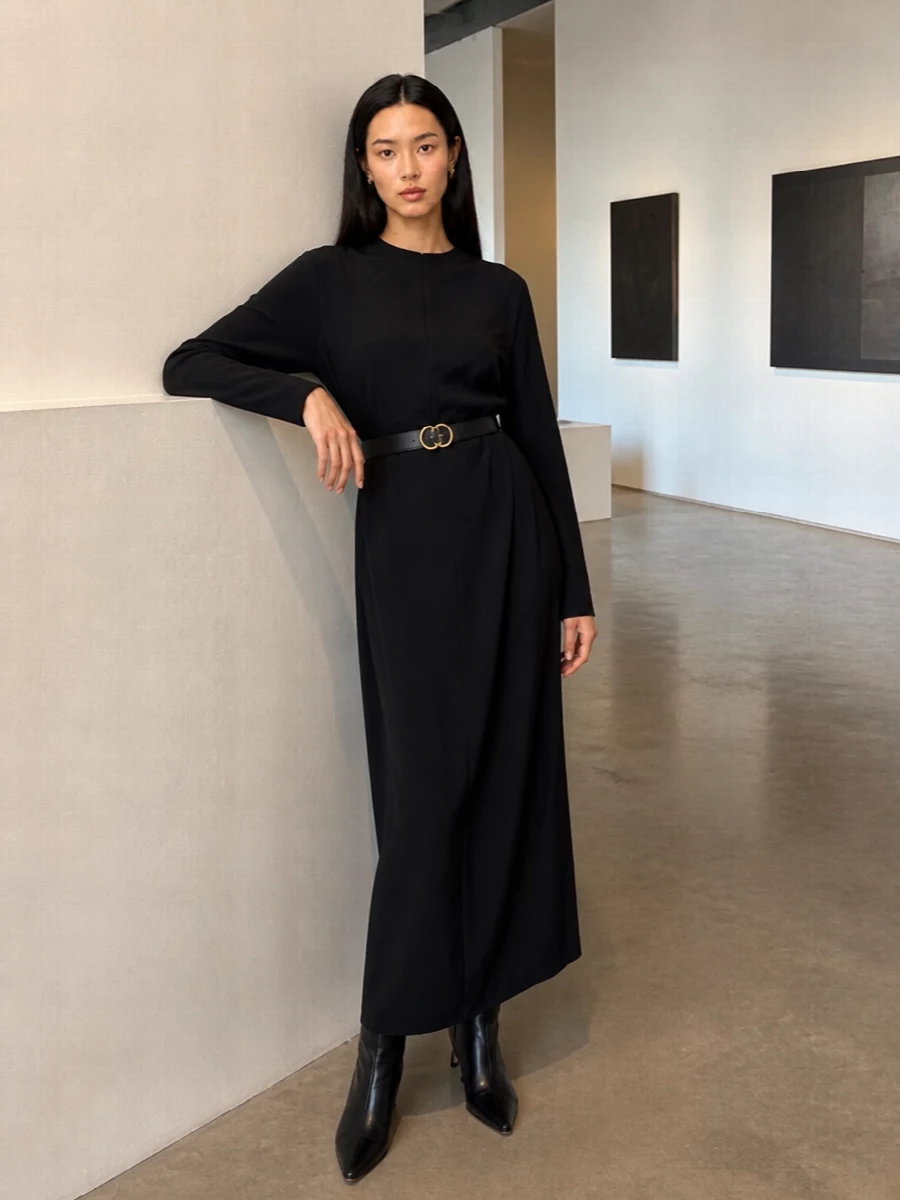 Toteme black midi dress ankle boots clutch