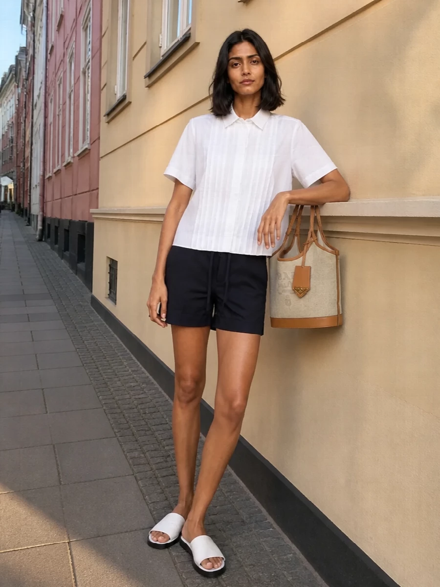 Parosh navy tailored shorts white shirt outfit