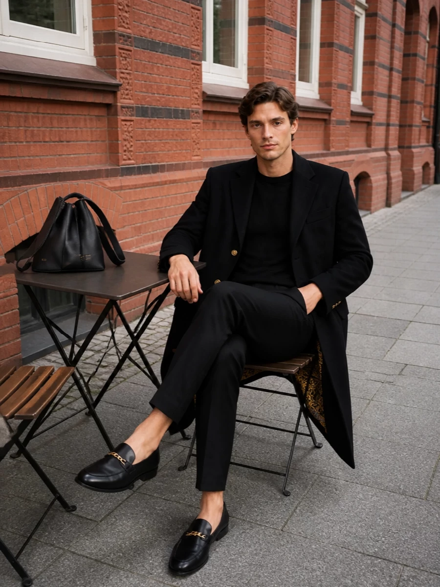 Versace black coat outfit loafers prada bag