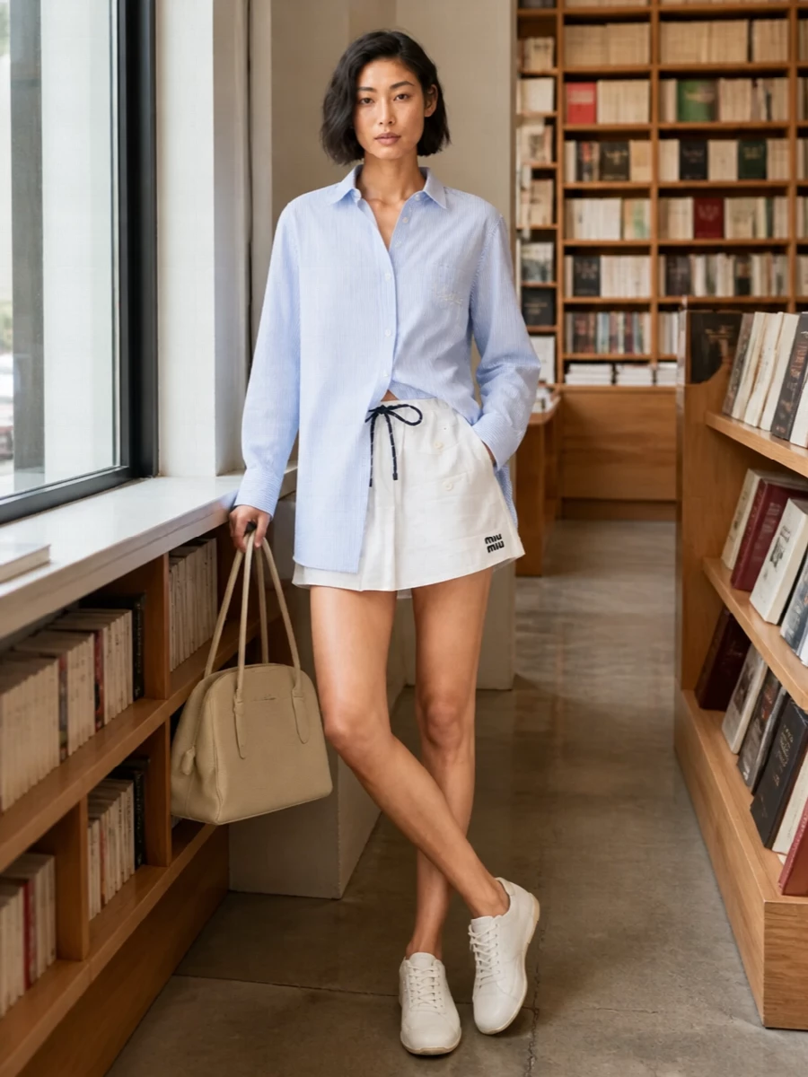 Soft-blue stripes, crisp white, and navy accents lean into a modern nautical mood that feels playful rather than literal. The relaxed longline shirt tempers the mini’s volume, while sleek ivory sneakers and a buttercream tote keep everything clean, easy, and subtly preppy for city or seaside days. It is polished enough for brunch and strolling, but still grounded in sport-inspired ease.