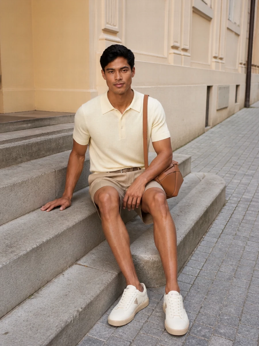 A buttercream knit polo sits over relaxed beige pleated shorts in a near-tonal pairing that feels calm and precise rather than plain. Cream leather sneakers keep the line clean and refined, while a tan geometric shoulder bag and braided suede belt introduce just enough texture and depth for modern, warm‑weather city dressing.