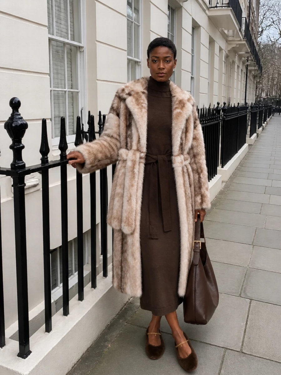 Lemaire knit dress faux fur coat furla tote