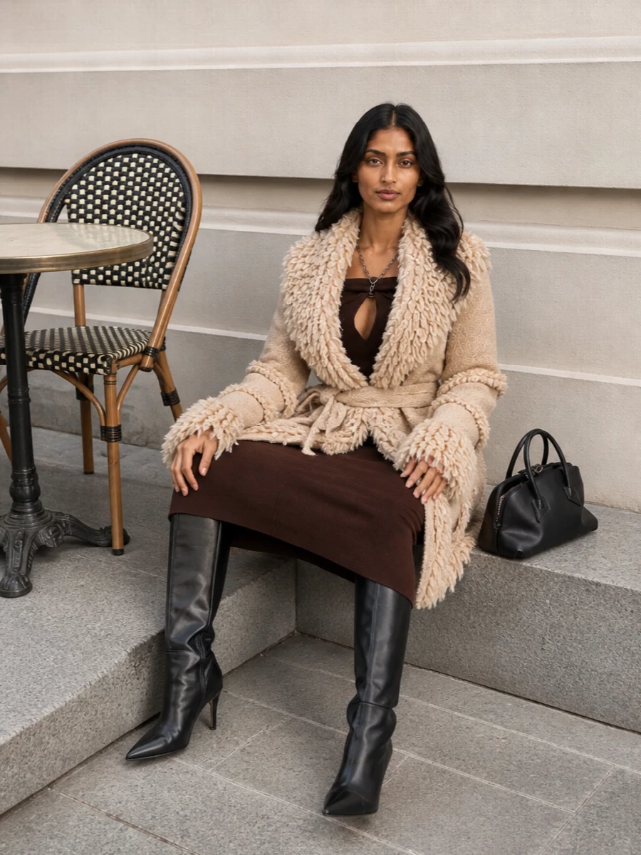 I am styling the faux-shearling wrap coat with the chocolate chain-neck halter midi dress rather than separates, so the textures stay opulent but the silhouette remains clean and columnar. Black pointed knee boots and a sculptural mini top-handle bag anchor the warmth of the coat and dress, giving a romantic, city-night mood that still feels quietly powerful. The result is a winter evening ensemble where tactile volume sits only in the outer layer, and everything beneath is sleek and controlled.