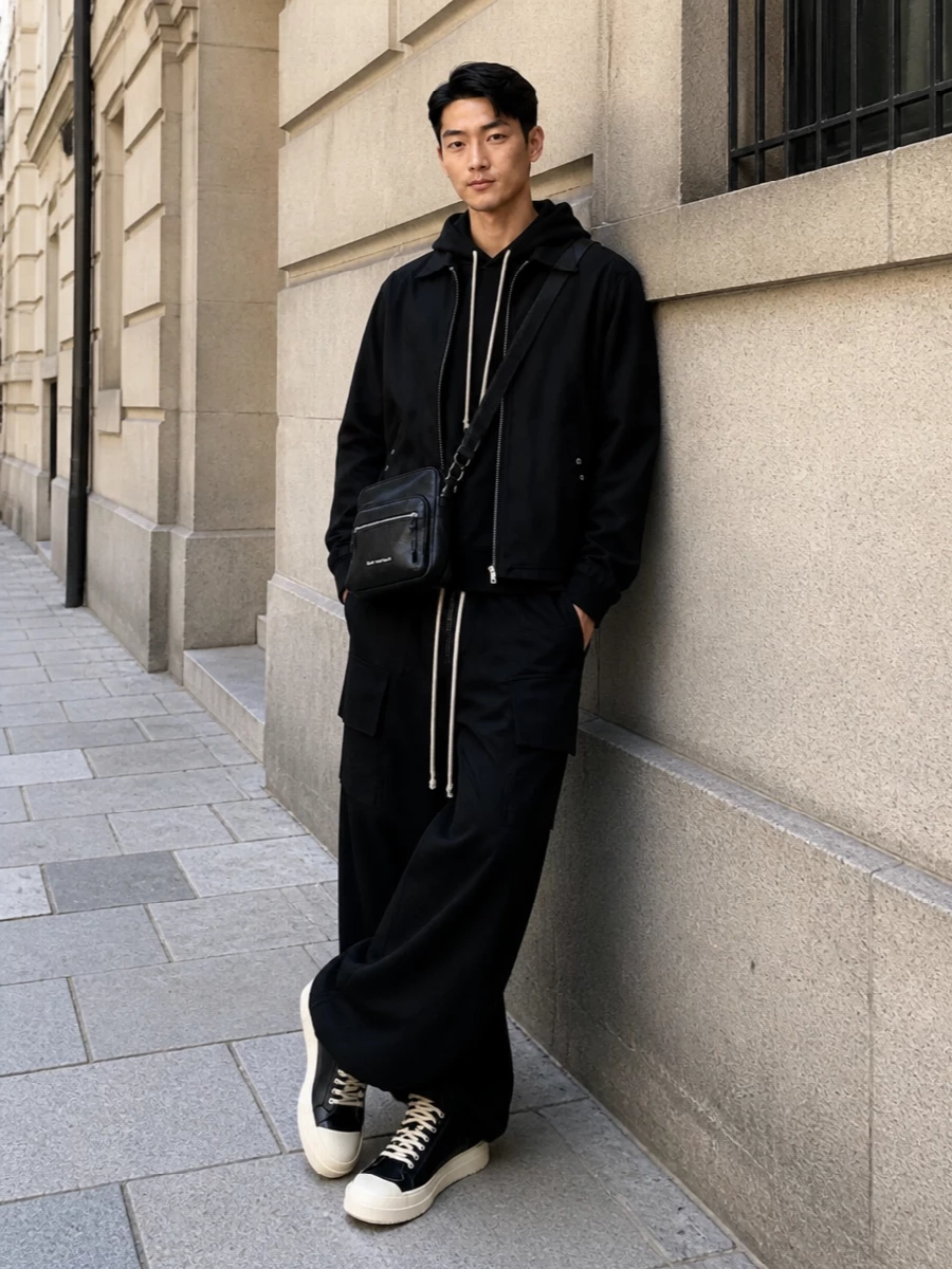 Rick owens drkshdw black hoodie cargo outfit
