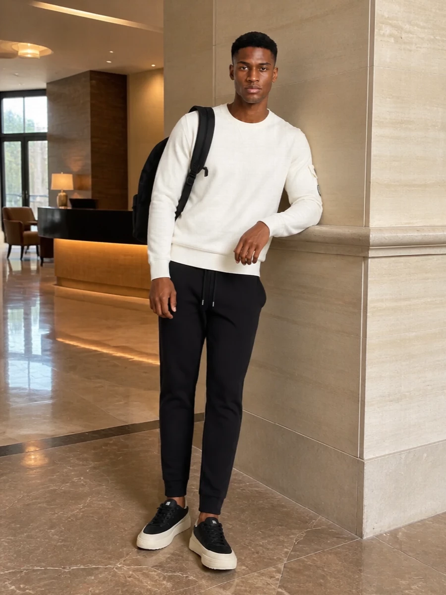 Moncler mens black joggers off white knit outfit