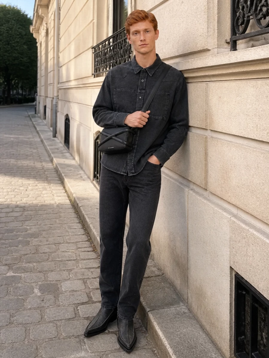 Charcoal-on-black denim keeps everything tight around the Diesel western boots, letting their exaggerated shape stay the focal point. The Mm6 shirt and Needles jeans sit in the same washed spectrum, so the lines stay clean while the textures do the talking. Alexander McQueen’s compact crossbody finishes it with a hard-edged, urban utility note that still feels considered enough for smart casual nights in the city.