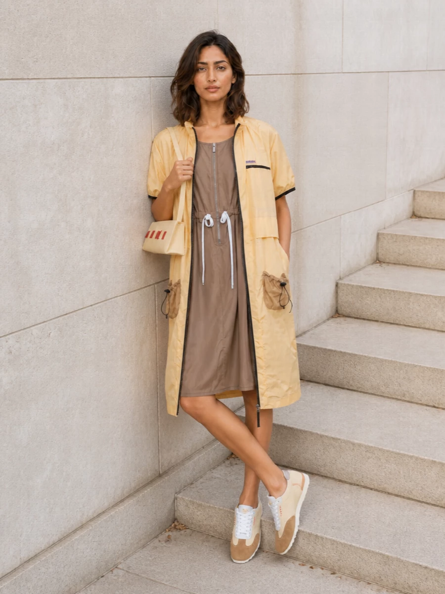 I’m styling the Marni windbreaker as a long technical shell over the Miu Miu zip-front day dress for a tight, utility-driven narrative in warm butter and tan. The retro runners keep everything light and agile, while the butter-yellow shoulder bag hits the same graphic Marni note as the outerwear so the whole ensemble feels intentional rather than thrown together. Skipping separates avoids a clash of drawstrings and waist details, letting the twin zips and pockets be the clear design language.
