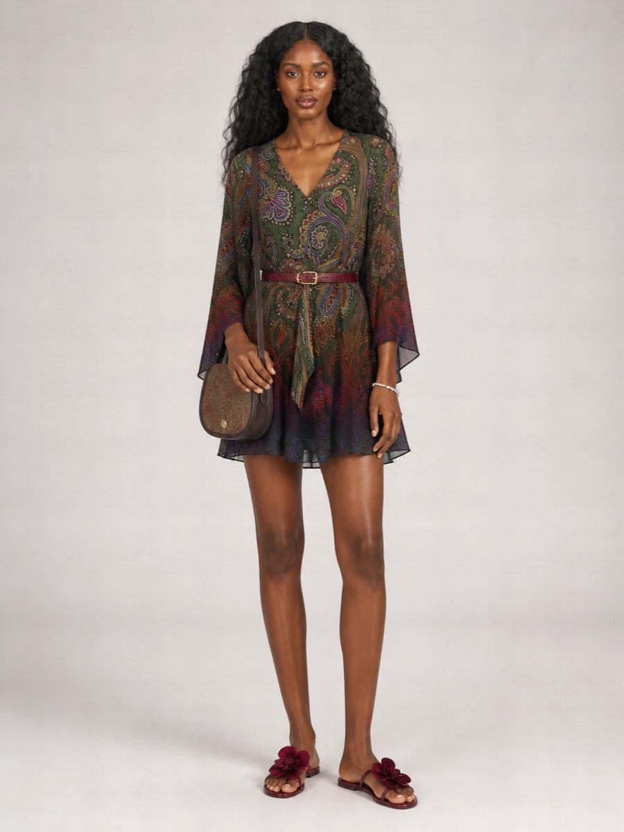 Etro Paisley-Print V-Neck Bell-Sleeve Mini Dress