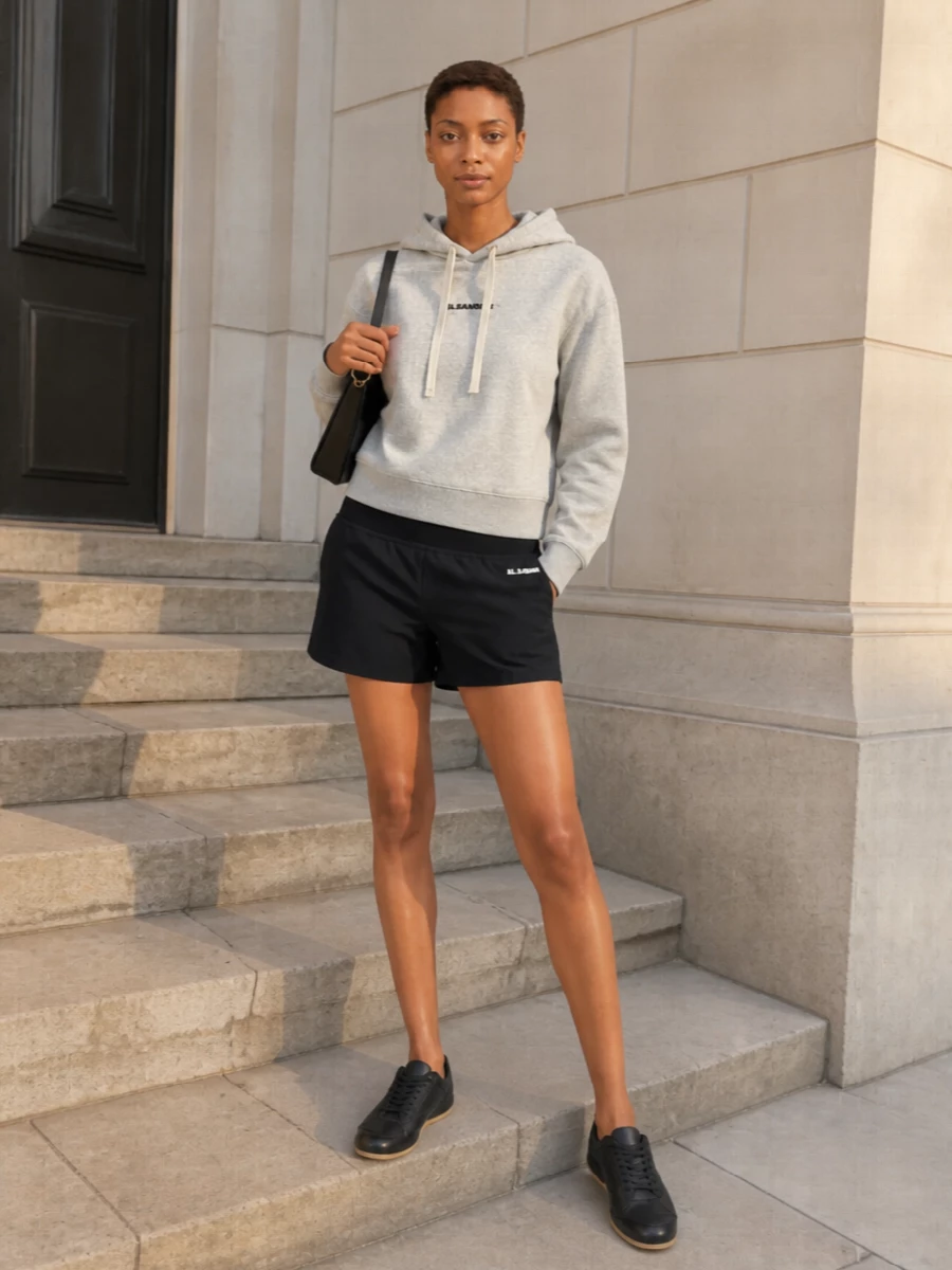 Jil sander grey hoodie black shorts sneakers