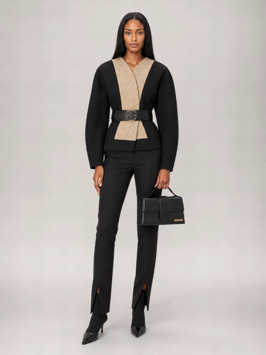 Sculpted Jacquemus tailoring meets a razor-clean black trouser for a long, graphic line in strict neutrals. The front-slit leg and sock-fit heel add just enough movement around the ankle, keeping everything sharp but not stiff. A compact black top-handle and a structured waist belt finish the outfit with quiet definition and polish for art openings or late dinners.