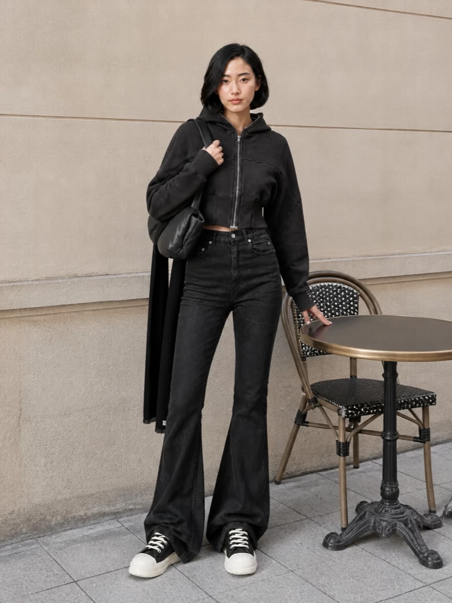 Rick owens drkshdw cropped top flared jeans outfit