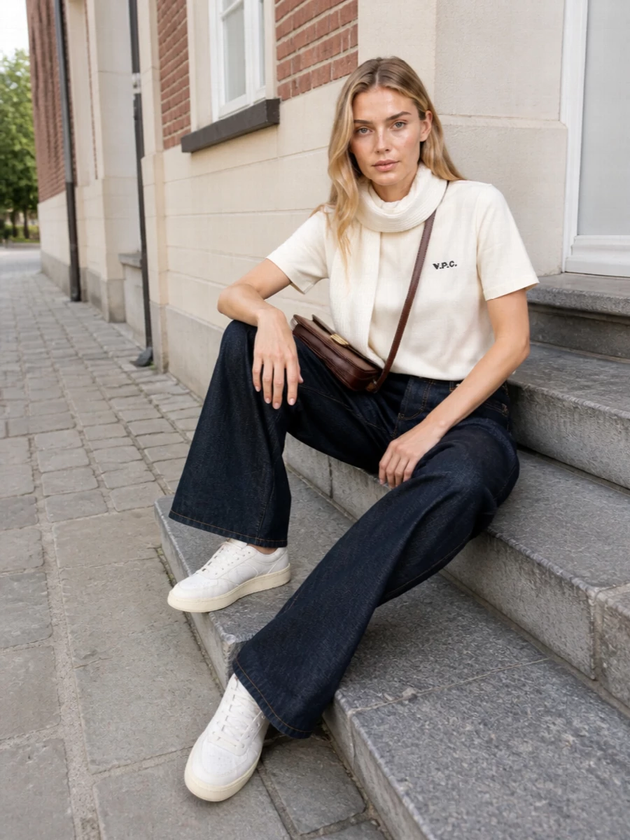 Apc tee wide leg jeans new balance sneakers