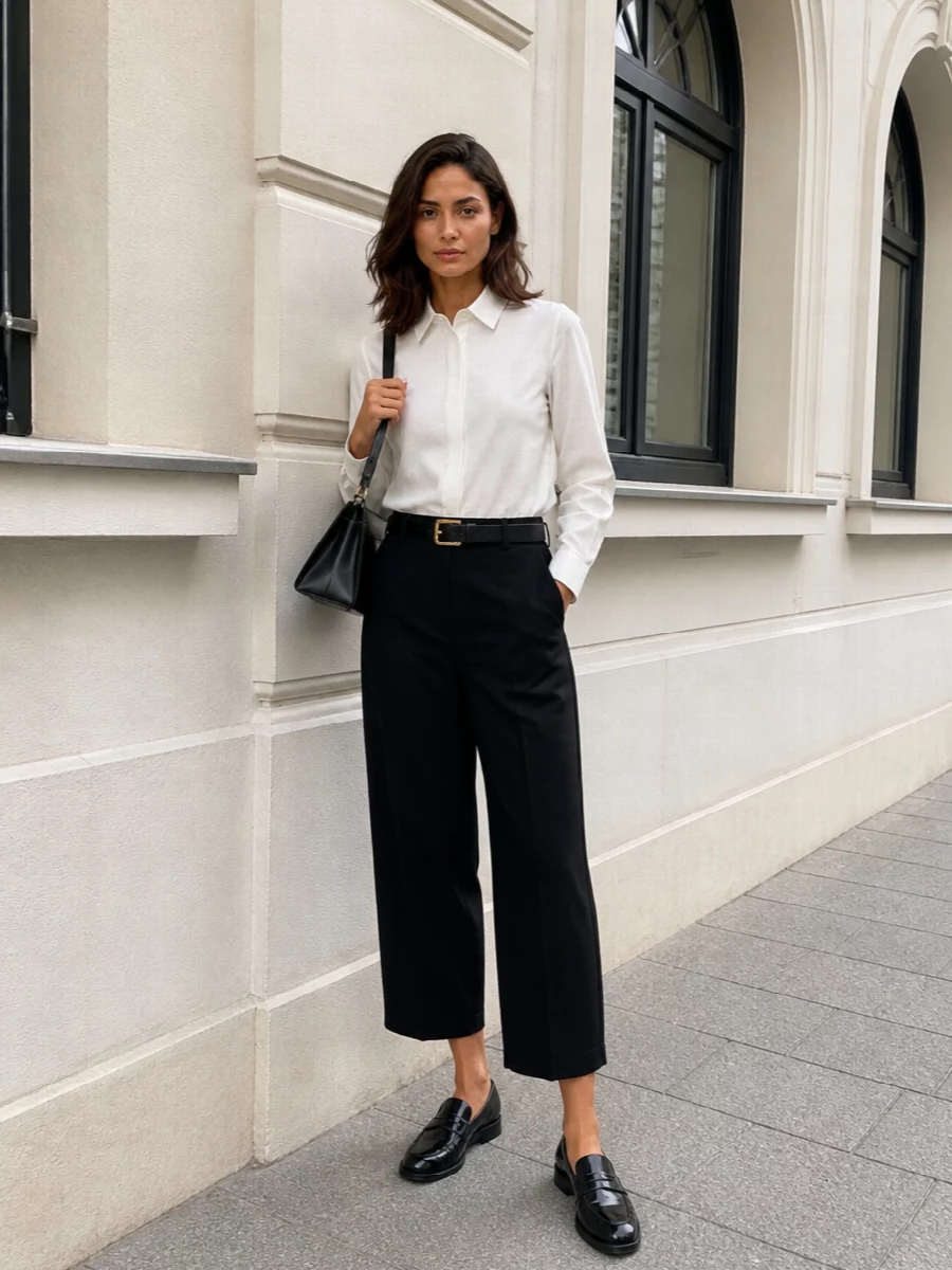 Versace black trouser ivory shirt prada bag