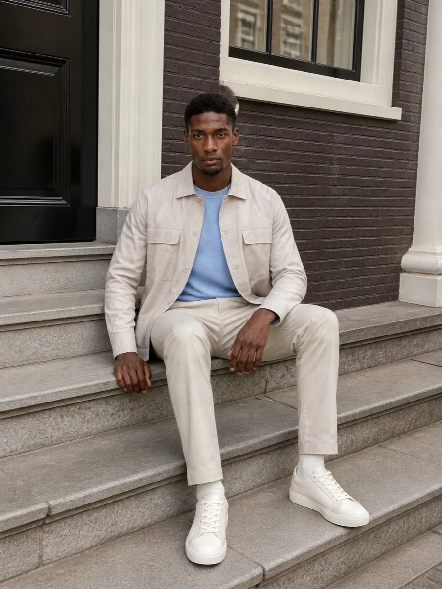 Calvin klein stone overshirt beige chinos outfit