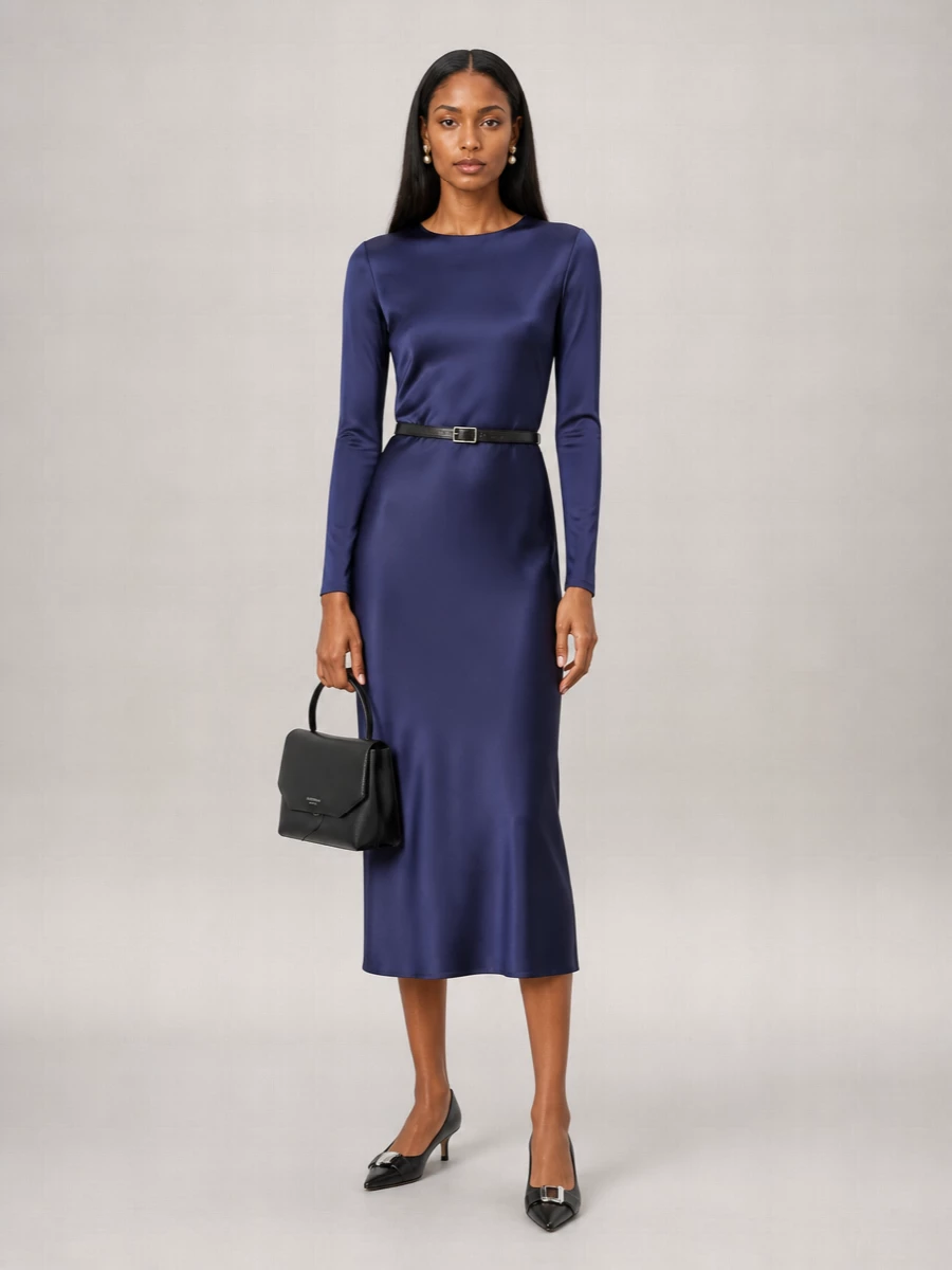 Emporio Armani Satin Long-Sleeve Midi Dress