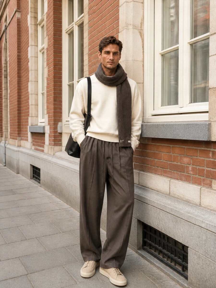 Fear of god cream sweater taupe trouser outfit